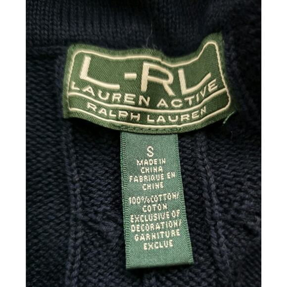 VTG Lauren Ralph Lauren Active Cardigan Crest Navy Cable Knit Shawl Collar - Picture 5 of 13